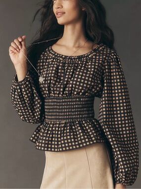 Anthropologie Gingham Black & Tan Smocked Peasant Peplum Blouse Size Medium